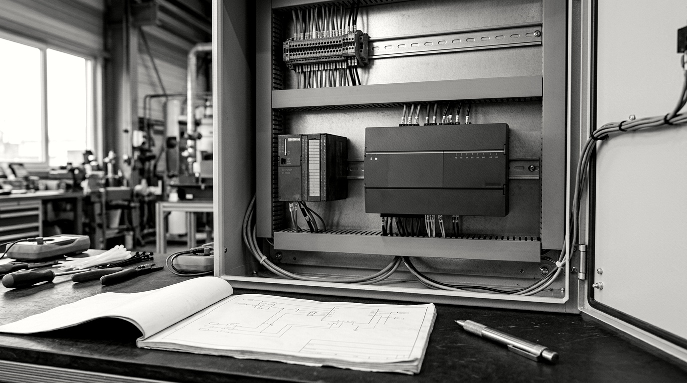 Control panel with a legacy PLC crossed out and a larger CRA-compliant replacement beside it, engineering change-order paperwork in the foreground