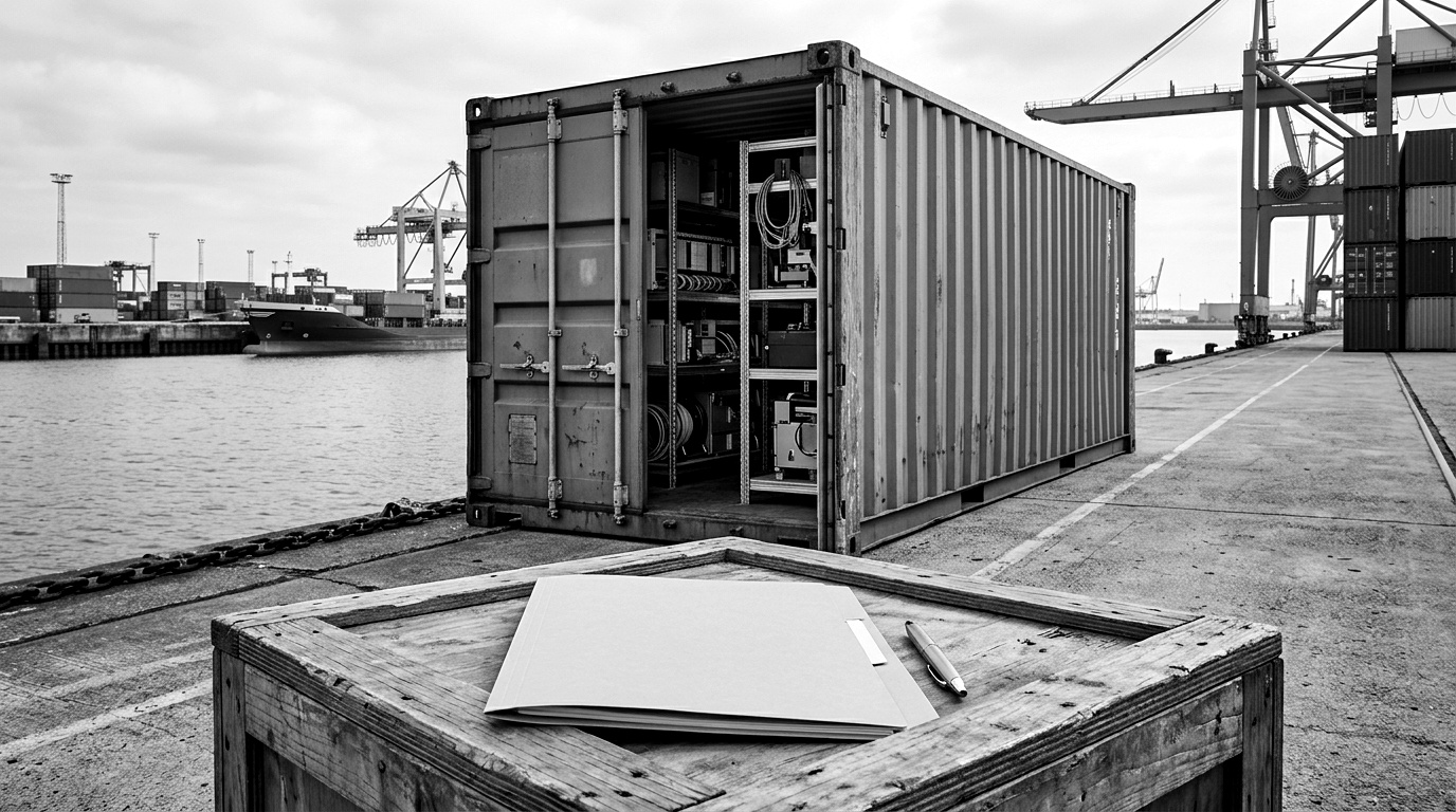 A shipping container of industrial hardware at an EU port with a CRA conformity checkpoint overlaid