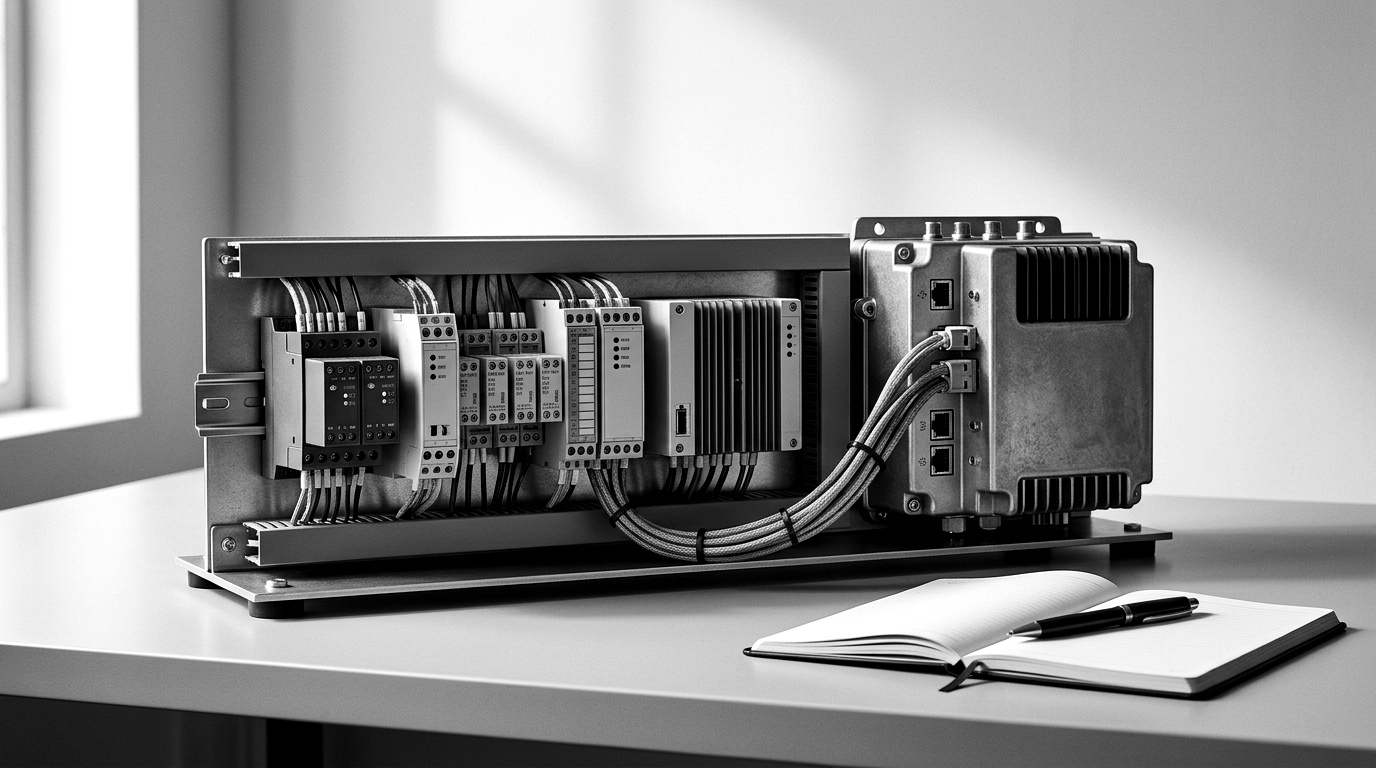 An assembled automation skid: several certified controllers on a DIN rail wired to an edge gateway, an engineer's laptop showing custom control code beside it, the whole assembly framed as a single delivered unit