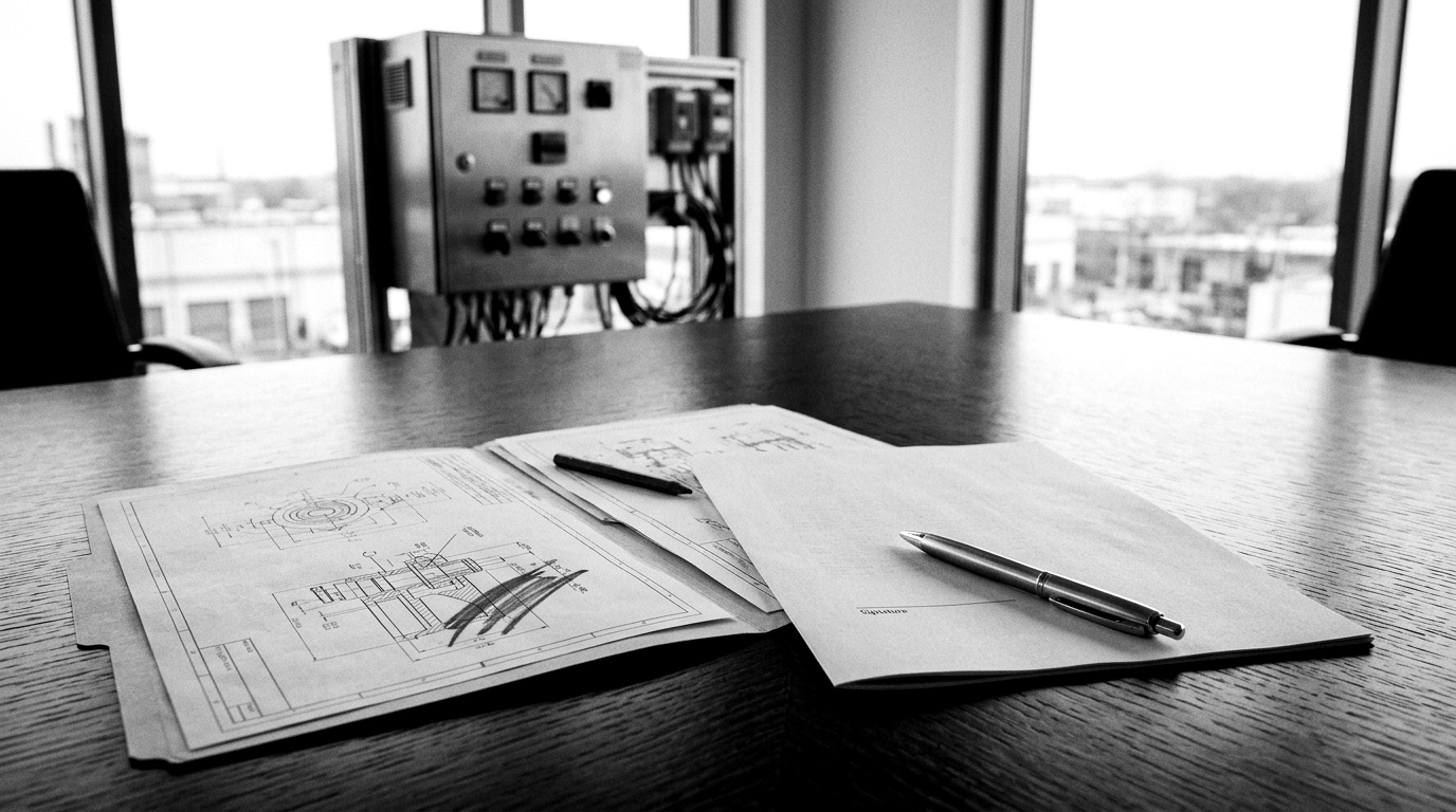 A contract signature page and an engineering redline on a negotiation table beside an industrial control cabinet