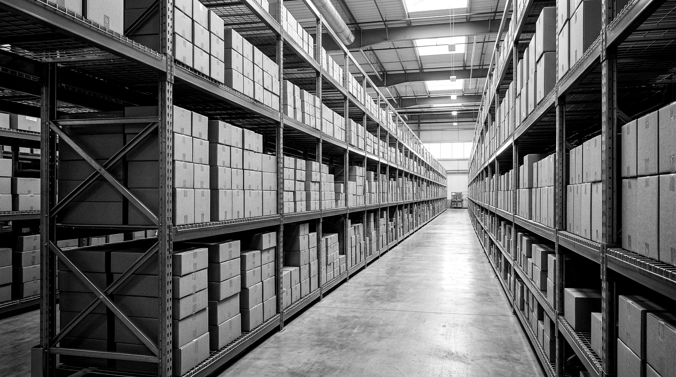 Climate-controlled industrial spares warehouse with rows of boxed controller modules on steel shelving.