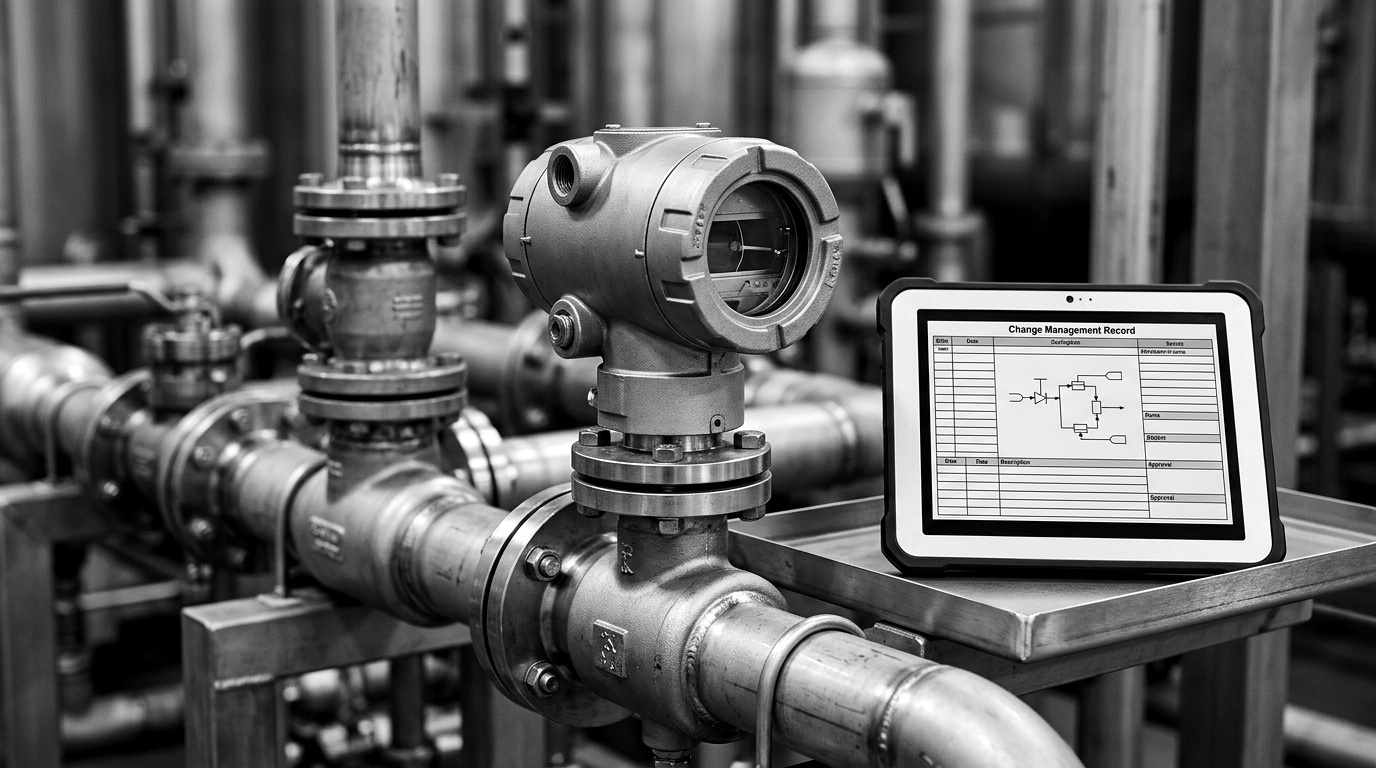 An explosion-proof pressure transmitter on a refinery process line at night, an engineer reviewing a change record on a laptop nearby.