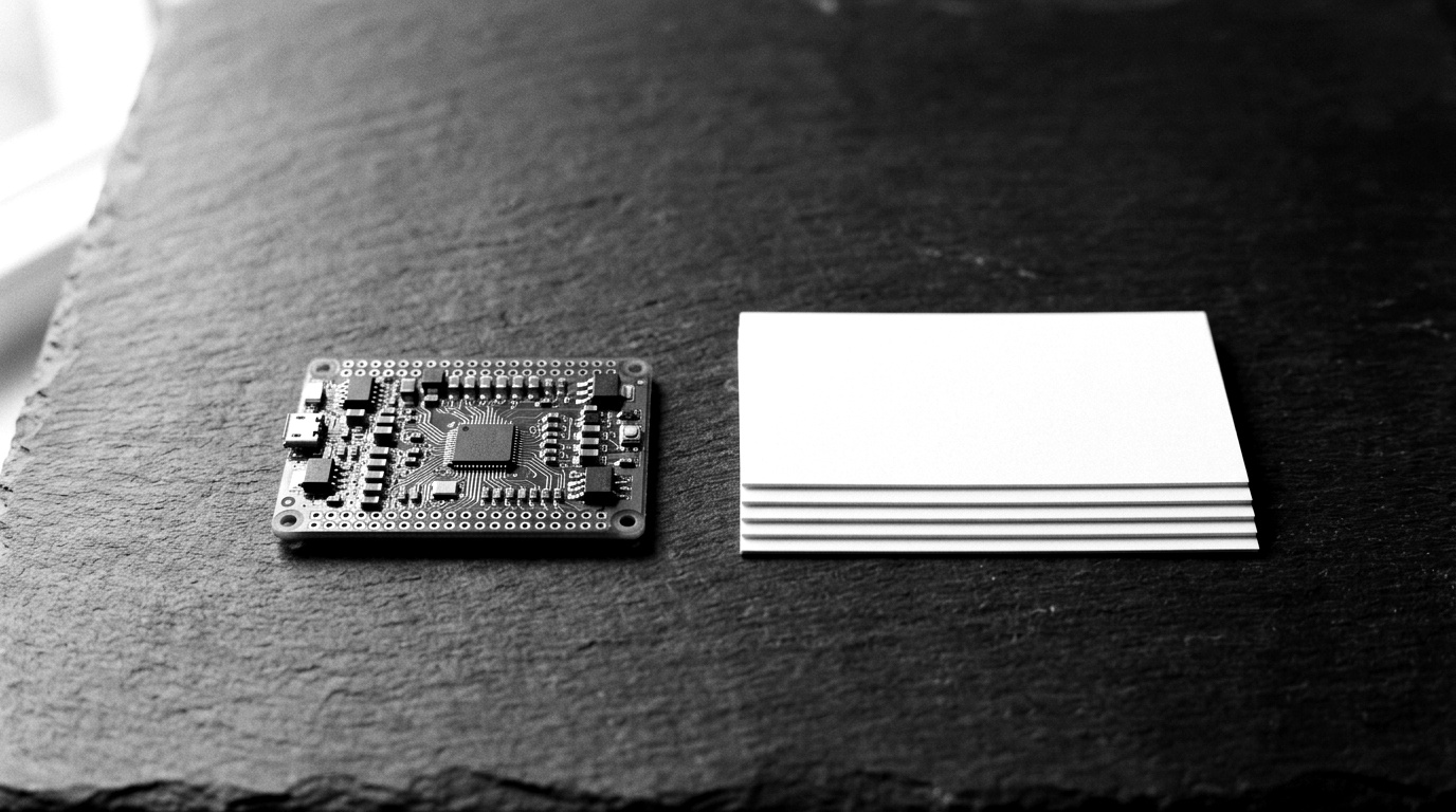 A small embedded sensor board on a desk beside a slim folder of five tabbed documents, at an industrial vendor-onboarding gate.
