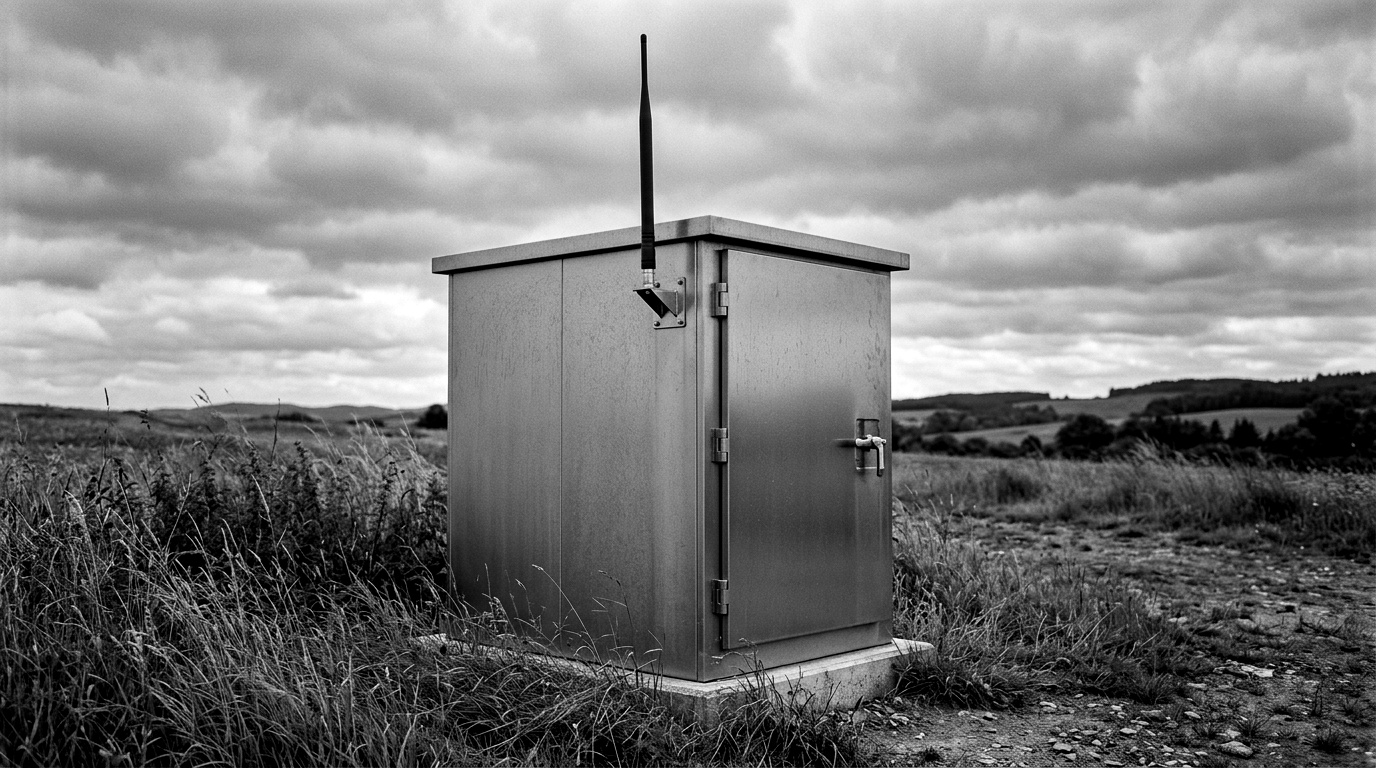 An unmanned remote water pumping station enclosure with a cellular antenna and a chemical dosing skid, in open countryside.