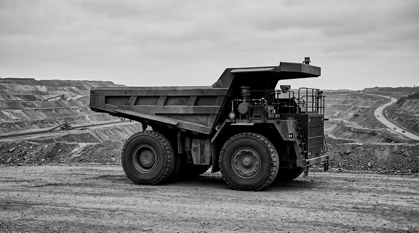 An autonomous haul truck working an open-pit site, with a public road and passenger cars visible far in the background