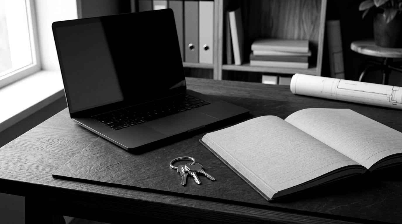 A quiet engineering office after an incident: a closed laptop, a printed final report in a folder, and an archive box, one desk lamp on