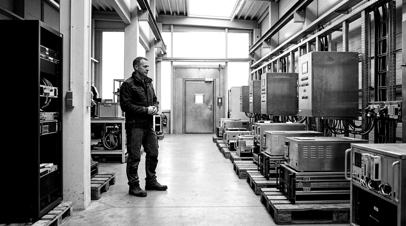 A hardware operations lead standing beside a queue of pallletised industrial products funnelling toward a single accredited test lab bay
