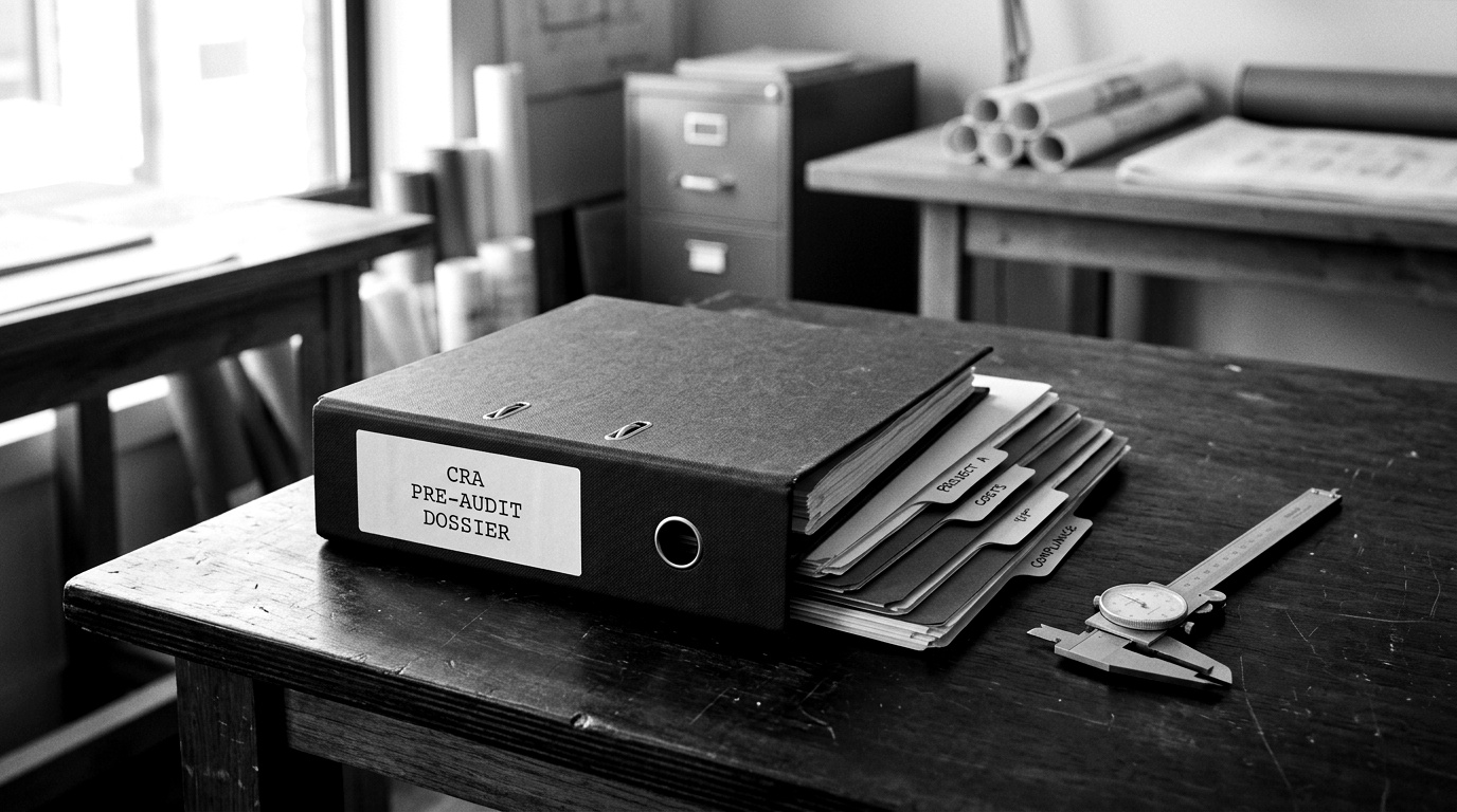 An assembled CRA pre-audit dossier on a workbench: technical file, SBOM printout, standard-mapping matrix and test reports tabbed and ready for a notified body