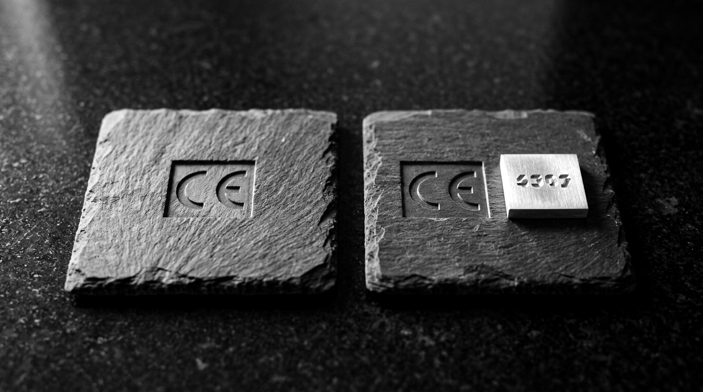 Two CE marks side by side: a plain CE mark labelled 'self-assessed, module A, no number' and a CE mark followed by a four-digit notified-body number labelled 'module H, notified body involved'
