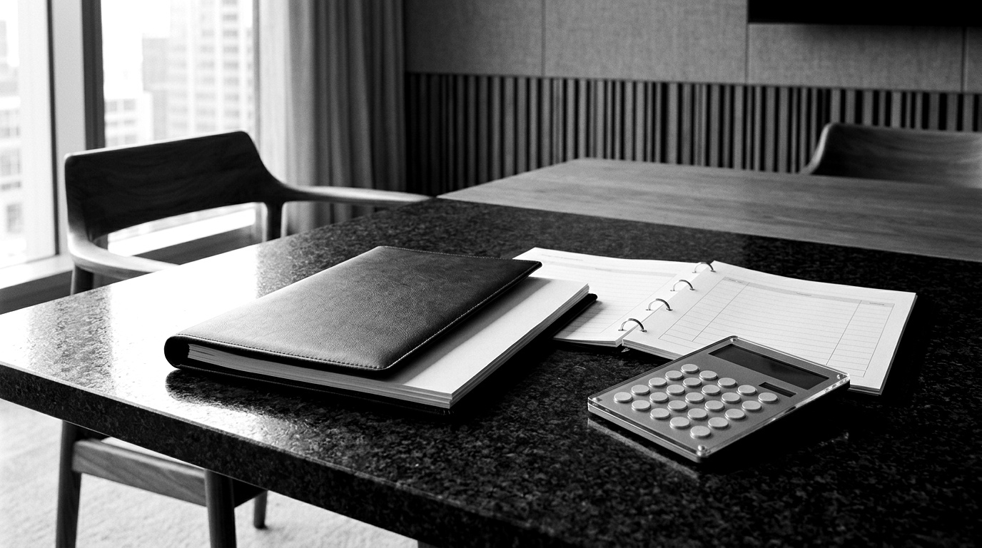 A boardroom risk register open on a table showing a single product line flagged, next to a calculator displaying 2.5 percent of total worldwide group turnover as a figure far larger than the product's own revenue