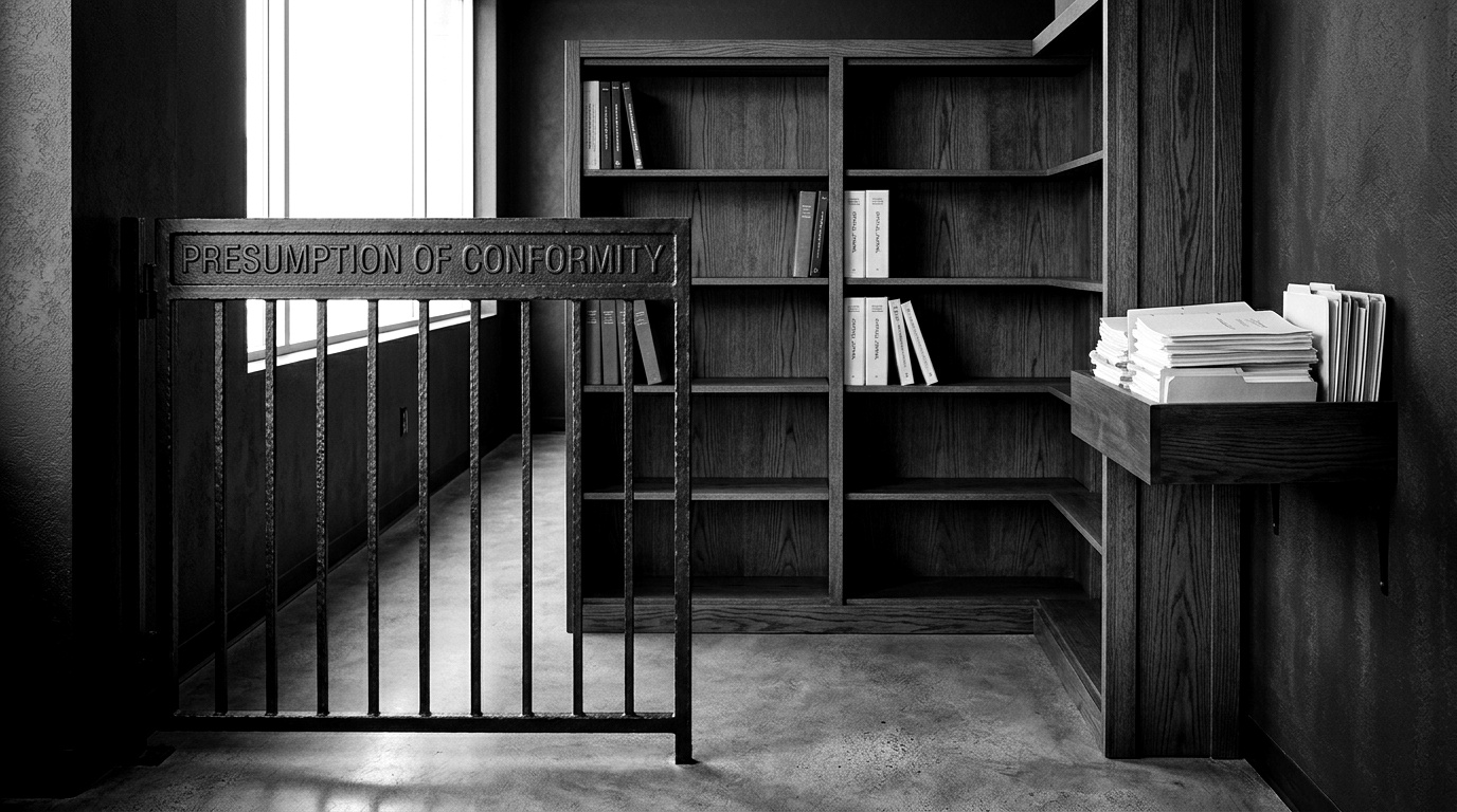 An Article 27 door labelled 'presumption of conformity' standing open in front of a nearly empty Official Journal shelf, with draft CEN/CENELEC and IEC 62443 documents queued in a side tray waiting to be shelved before a December 2027 deadline clock